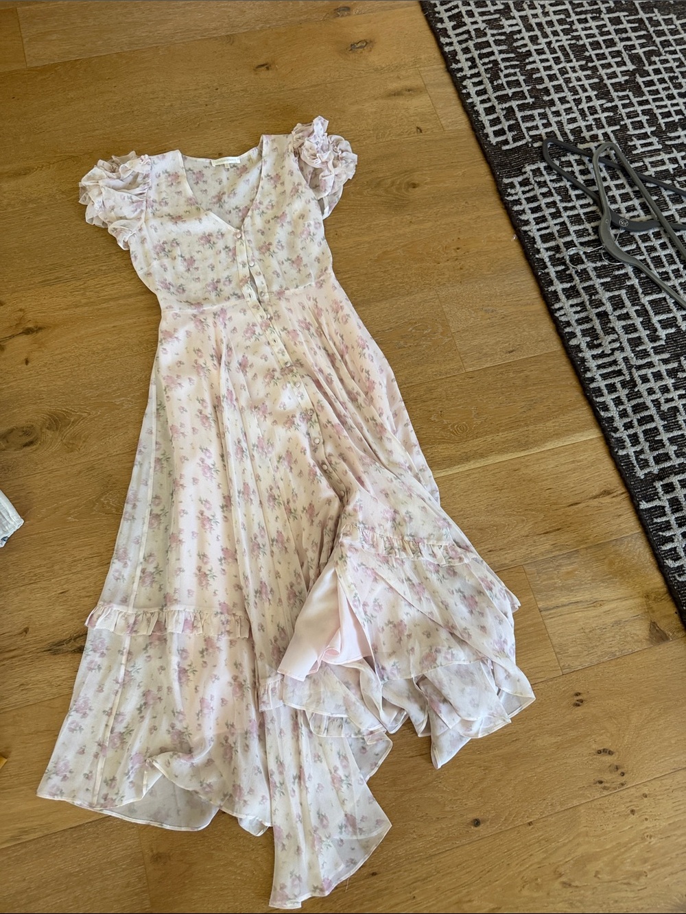 LoveShackFancy Pale Pink Floral Maxi Dress with Ruffle Sleeves